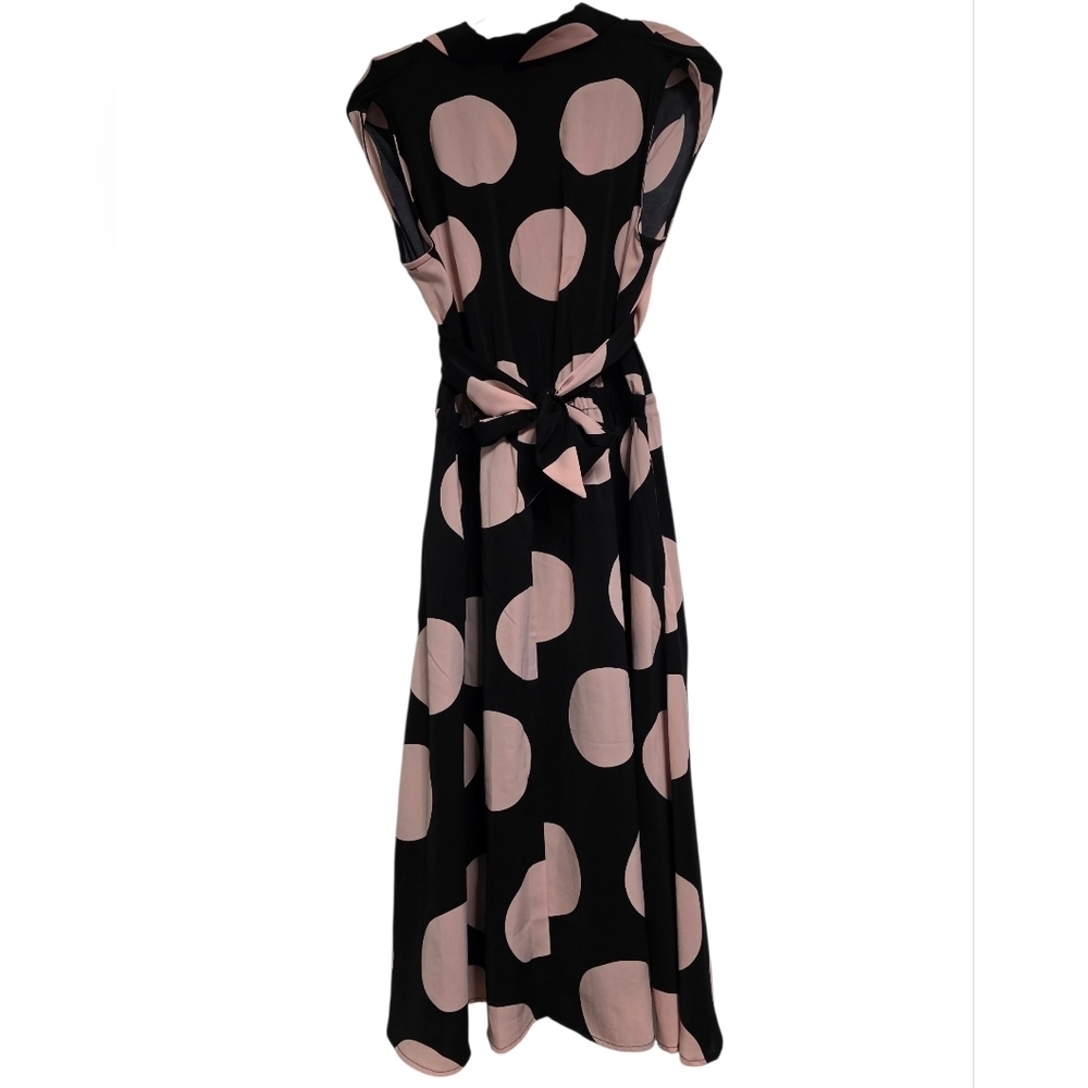 Gracia Cap Sleeve Black/ Blush Pink Polka Dot Dress With Ribbon Tie Size Medium - Picture 2 of 14